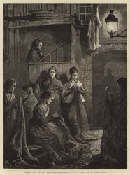 London Life at the East End, Sack-Making by the Light of a Street Lamp